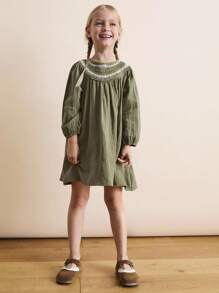 SHEIN 年轻女孩刺绣领弧形休闲长袖连衣裙 - 彩色 - 查看 3