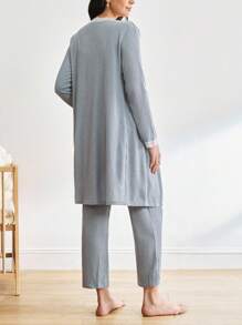 BloomMama 3件套孕妇睡衣套装：蕾丝边长袖睡袍+哺乳吊带背心+长裤，秋冬服装 - 藍色 - 查看 4