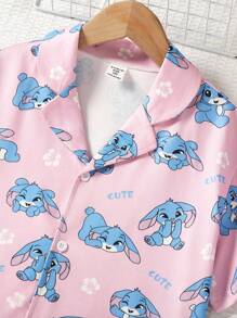 Tween Girl' Stylish Print V-Neck Fireproof Fabric Sweet Pink & Blue Graphic Short Sleeve Top & Pants Home Outfit Cute Pj Sets Young Girl Summer Outfits