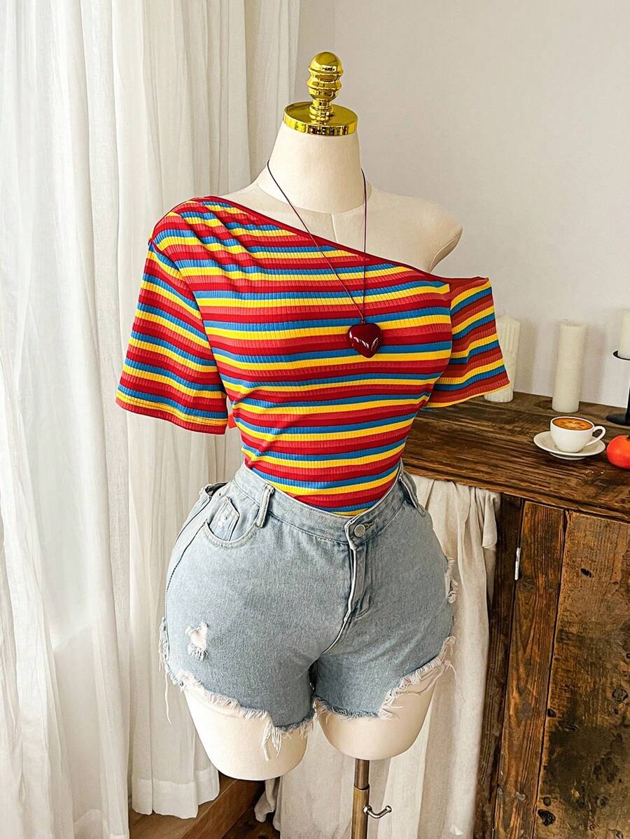 SHEIN CovetEZ Plus Size Colorful Striped Asymmetrical Collar Casual Bodysuit, Summer - Multicolor - View 1
