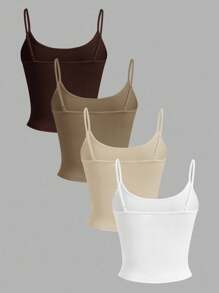 SHEIN EZwear 4 件套女士棕色、卡其色、杏色、白色紧身短款休闲背心，适合夏季 - 彩色 - 查看 2