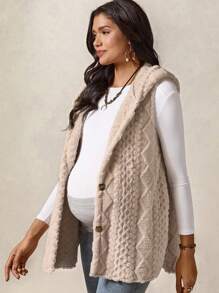 Boho Mama 孕妇休闲纯色无袖连帽开衫，秋冬 - 卡其色 - 查看 6