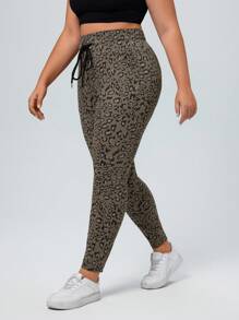 SHEIN Essnce Jeans casuales ajustados de talla grande para mujer con estampado de leopardo y cordón en la cintura - Gris - Ver 6