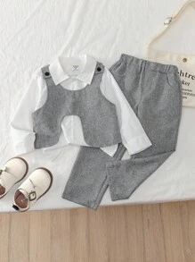 Genkimix Kids 秋季新款韩版时尚酷男童三件套：不对称背心+长袖衬衫+直筒裤，幼儿 - 灰色 - 查看 2