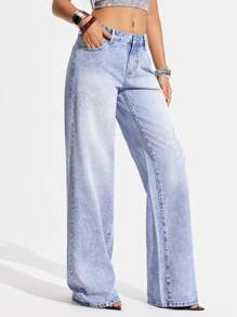 Jeanoix Women's Low Waist Rhinestone Flower Graphic Pockets Straight Leg Jeans Y2k - Light Wash - View 6