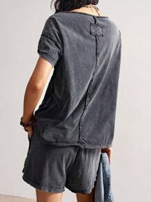 Bohemela 2件套女士纯色针织不对称领口宽松T恤+高腰宽松短裤女夏季短裤套装休闲短款套装 - 黑色 - 查看 7