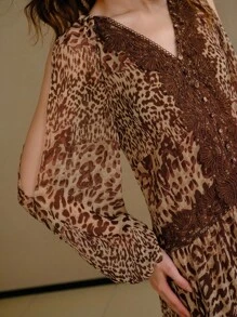 MOTF PREMIUM LEOPARD PRINT COLD SHOULDER LANTERN SLEEVE LACE TRIM FLOWY HEM LONG DRESS - Multicolor - View 2