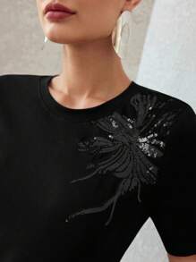 MOTF PREMIUM CAMISETA DE MANGA CORTA CON CONTRASTE DE LENTEJUELAS - Negro - Ver 5