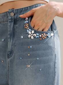 MOTF PREMIUM 女士蓝色水洗水钻度假牛仔裤 - 藍色 - 查看 5