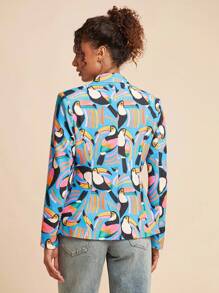 Travachic 女式鹦鹉印花单排扣休闲西装外套、女式西装外套、巨嘴鸟西装外套、印花西装外套、女士西装外套、度假、度假风格、节日庆典、女士海滩、毕业典礼、秋季、秋天、老钱风格、巨嘴鸟西装外套 - 藍色 - 查看 3