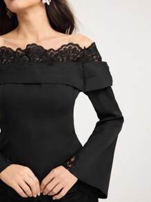 Modelyn Women's Contrast Lace Off-Shoulder Flare Sleeve Top And Skirt Elegant 2 Pieces Set Off Shoulder Formal Dress Long Sleeve Formal Dress Black Lace Formal Dress Elegant Black Dress,Women Stylish Casual Fall Autumn Outfits, Cute Vintage Modest Women Outfits, Back To School School Outfits, Back To School Dresses, Women Teacher Outfits,Fashionable Casual Elegant Women's Clothing, Autumn Women's Shirt Dresses, Women's Shirt Dresses With Straps, Dresses For Mom, Romantic Tops Party Wear - Black - View 7