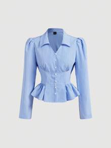 SHEIN MOD 翻领长袖荷叶边下摆蓝白条纹衬衫