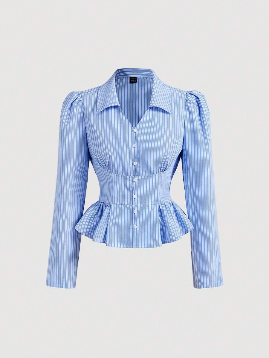 SHEIN MOD 翻领长袖荷叶边下摆蓝白条纹衬衫