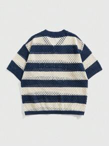 Prep 男士数字图案V领短袖镂空宽松针织条纹套头衫 - 藏蓝色 - 查看 2