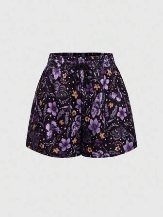 Goth Shorts de mujer con estampado floral de mariposa y polilla gótica