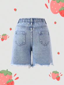 Sparklyn Mädchen (Tween) Denim Shorts in heller Waschung mit Erdbeermuster, bequem, süß, Lässig, Urlaubsstil, geeignet für den Alltag, Campus-Lässig, Rückkehr zur Schule, Reisen und Lässig - Helle Waschung - Übersicht 2