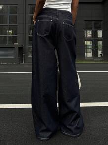 DAZY Quần Jeans Denim Dài Màu Trơn Cạp Cao Cho Nữ Mùa Hè - Màu xanh lam - Xem 2