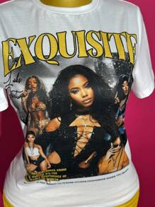 Slaydiva 2pcs Women Summer Casual Street Style Outfit: Loose Round Neck Short Sleeve Printed Tee + Yellow Textured Mesh Mini Shorts, Suitable For Easter, Music Festivals, Everyday Wear, Parties, Christmas, Valentine's Day, Dates, Beach, Cruise, Carnival, Street Fashion Y2k 2 Pieces Set - Multicolor - View 8