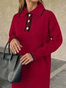 EURMUSE Abito in maglia con collo alla polo da donna - Rosso - Visualizzare 8