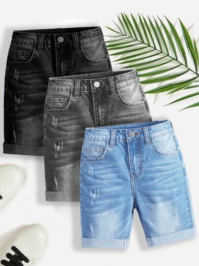 SHEIN Tween Boy 3pcs Casual Street Cuffed Hem Distressed Denim Shorts, Summer, School, Campus, College