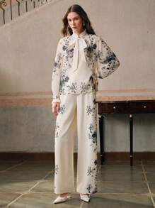 Anewsta Set de 2 piezas de blusa de manga larga con cuello retorcido y pantalones con estampado floral elegante para mujer - Multicolor - Ver 5