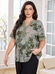 SHEIN Lacomfia Plus Size Short Sleeve Patchwork Floral Print Casual Shirt - Green - View 6
