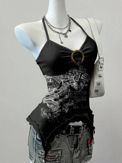 Attitoon Punk Grunge Letters & Roses Retro Pattern Printed Mesh Camisole Top For Women, Bohemian, Western, Punk Rock, Y2K, Music Festivals, Boho, Beach, Summer Miami Girl Style Goth Top Gothic Top Buckle Top Gothic Summer Clothes Halter Top Suitable For Going Out,Halter Top