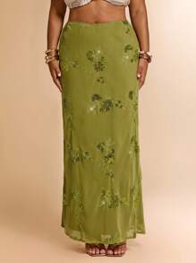 SHEIN BAE 大码夏季草绿色花卉图案亮片精致优雅长裙，鸡尾酒裙/正式秋季婚礼宾客裙