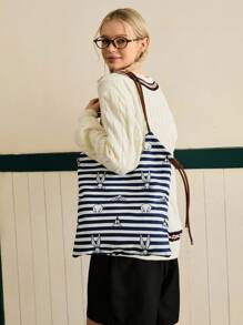 LOONEY TUNES X SHEIN Women Striped Cartoon Rabbit Print Shoulder Bag - Blue - View 4