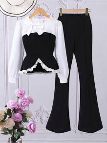 女童单色拼布长袖衬衫和喇叭裤两件套 - 黑色 - 查看 3