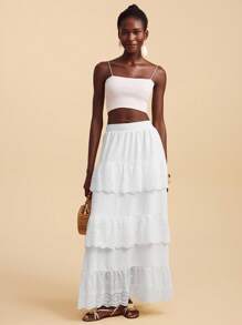 Travachic Women's White Hollow Embroidered Ruffled Hem A-Line Skirt,Summer Boho Beach Holiday Vacation,Spring,Easter,Music Festival, Date Night,Autumn - White - View 6