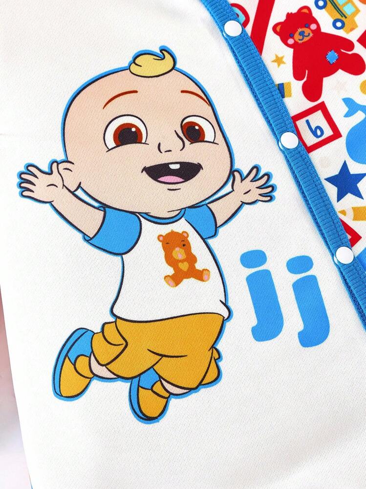CoComelon X SHEIN Pelele de manga larga con estampado de oso de dibujos animados rojo y blanco para bebé niño en otoño e invierno - Azul y blanco - Añade 4