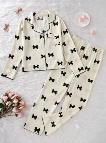 Sparklyn 2 件/套女孩青少年米色蝴蝶印花长袖开衫和裤子，舒适休闲家居服