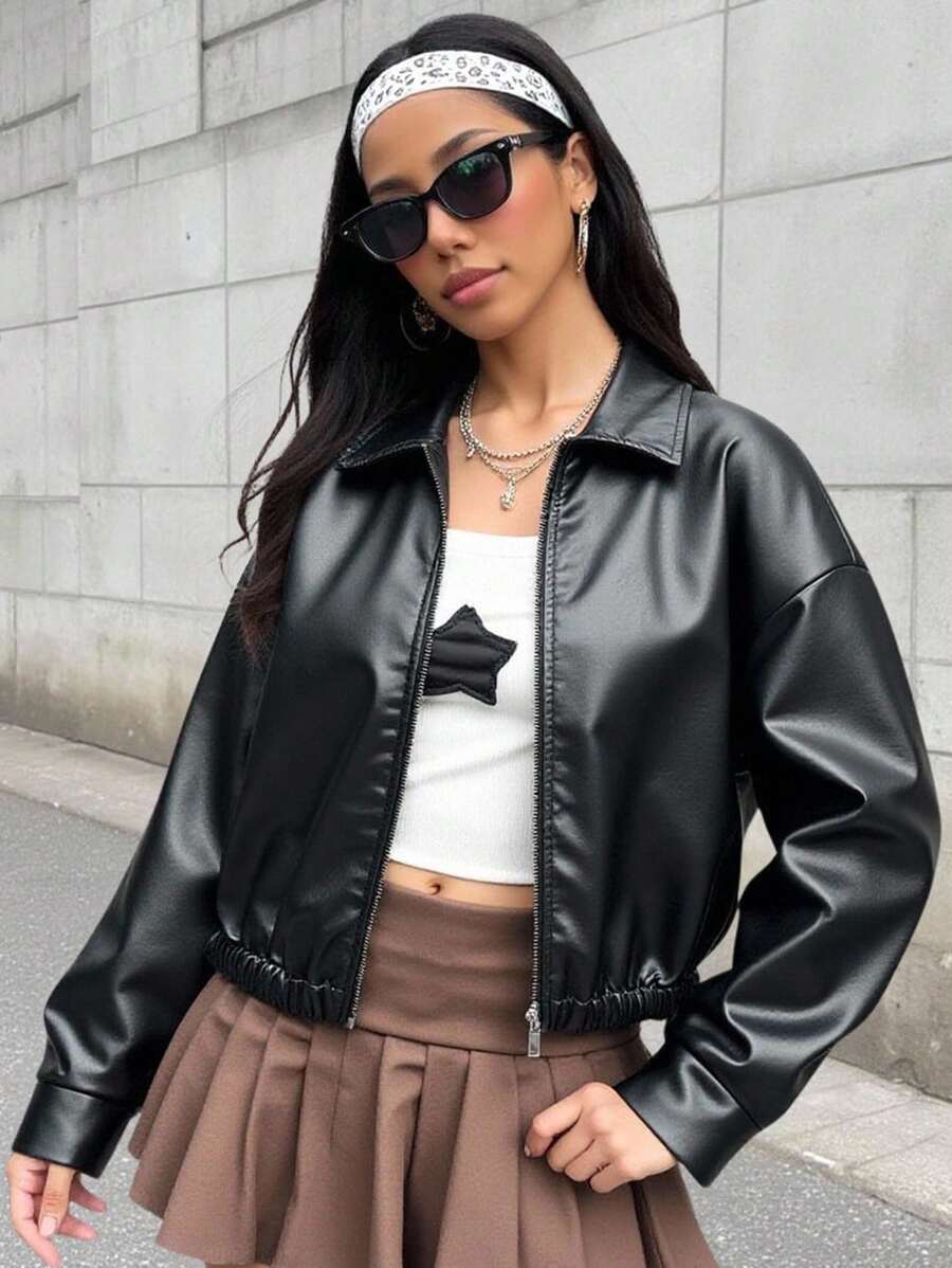 SHEIN 少女黑领纯色 PU 皮夹克，短款休闲夹克，酷炫街头运动拉链 PU 夹克，黑色百搭外套，开学季
