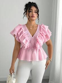 Elenzga Plus Size Elegant Pleated V-Neck Textured Blouse - Pink - View 4