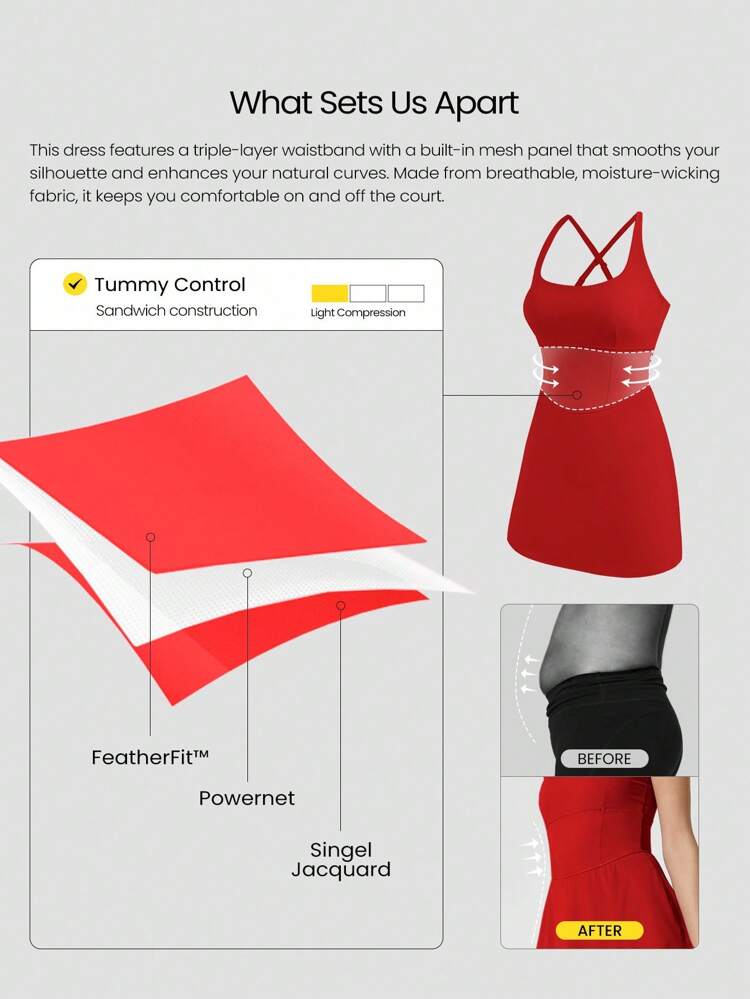 Abito con scollo quadrato, pantaloncini integrati, tasche laterali, grip antiscivolo, FeatherFit ™ -Air traspirante e ad asciugatura rapida, adatto per tennis, golf, palestra e uso casual quotidiano