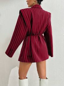 SHEIN Cottnline Women's Navy Striped Casual Blazer Jacket - Burgundy - View 2