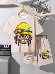 SHEIN Leap Crew 2pcs Casual Kids Tween Boys Cartoon Character & Letter Print Loose Fit Crew Neck Short Sleeve T-Shirt And Shorts 2 Pieces Set, Suitable For School, Garden, Beach, Birthday, Spring/Summer - Khaki - View 3