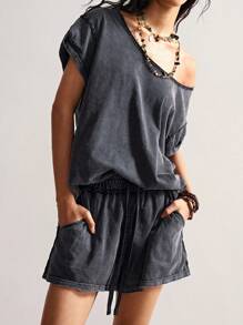 Bohemela 2件套女士纯色针织不对称领口宽松T恤+高腰宽松短裤女夏季短裤套装休闲短款套装 - 黑色 - 查看 6