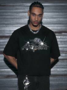 AXEPEAK 男士夏季休闲街头时尚钻石字母西部牛仔图案落肩宽松黑色 T 恤 - 黑色 - 查看 4