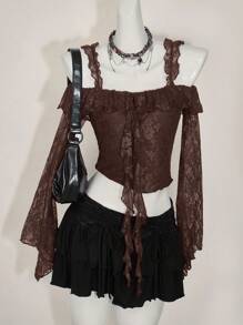 SHEIN ICON Women's Off The Shoulder Hippie Boho Elegant Ruffled Ruffle Long Sleeve Lace Blouse Western Wear Women Brown Lace Crop Top,Y2k Tops