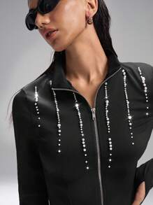 LYSMO Women's Solid Color Faux Pearl Decoration Long Sleeve Zipper Front Slim Fit Lightweight Jacket