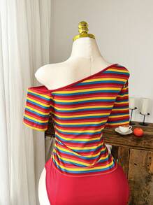 SHEIN CovetEZ Plus Size Colorful Striped Asymmetrical Collar Casual Bodysuit, Summer - Multicolor - View 7