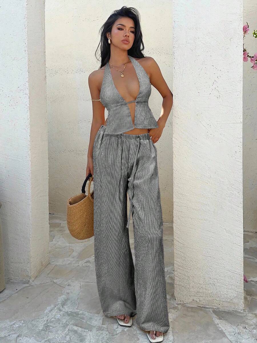 Aloruh Women's Sexy Vacation Style Gingham Print Backless Tie Front Crop Tank Top And Loose Drawstring Waist Wide Leg Pants 2 Pieces Set - Black and White - View 1