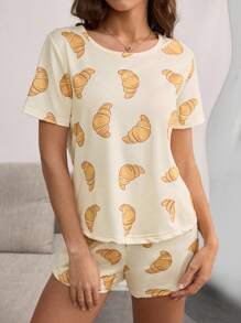 SHEIN Bộ 2 quần short tay ngắn in họa tiết bánh sừng bò hoạt hình dễ thương cho bé gái - Màu be - Xem 6