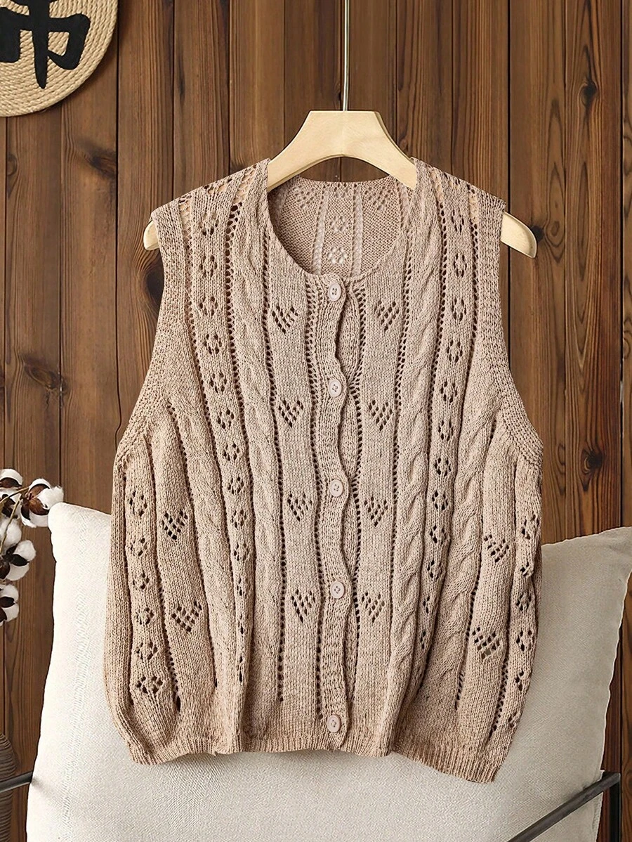 SHEIN LUNE كارديجان نسائي أحادي اللون أكمام بدون أكمام رقيق بفتحات - بني فاتح - مشاهدة 1