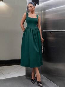 EURMUSE 女式超宽裙紧身胸衣细节长款黑色裙子 - 墨綠色 - 查看 5