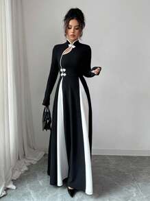 Rafferiza Vestido de manga larga con botones y contraste de color elegante para mujer