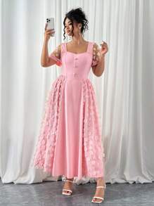 Elenzga Vestito elegante rosa, taglia oversize, in maglia traforata con inserti, scollo a cuore, maniche corte, abito elegante con stampa floreale rosa per donna, adatto a garden festa e tea festa