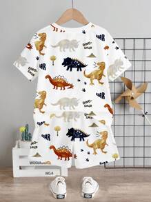 SHEIN Young Boy Casual & Minimalist Dinosaur Pattern Short Sleeve T-Shirt And Shorts Two Pieces Set, Suitable For Summer